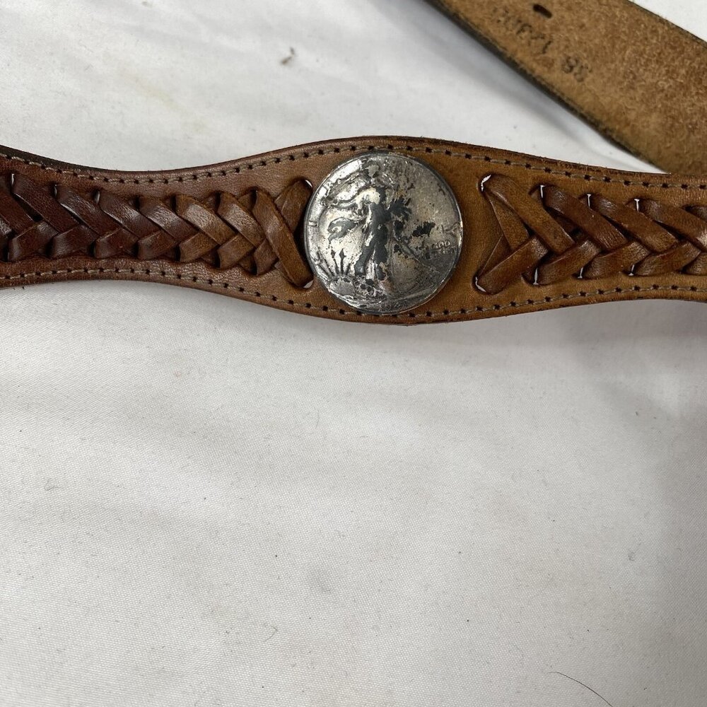 Indiana Metal Leather Belt Brown Silver Domed Walking Liberty Coins Concho - Picture 6 of 16